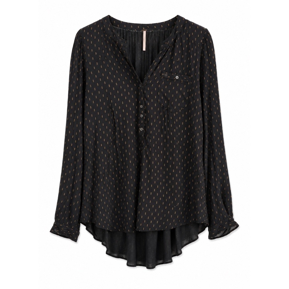 Free People Womens SP Black Floral Print Button Front Hi Low Rayon Blouse Top